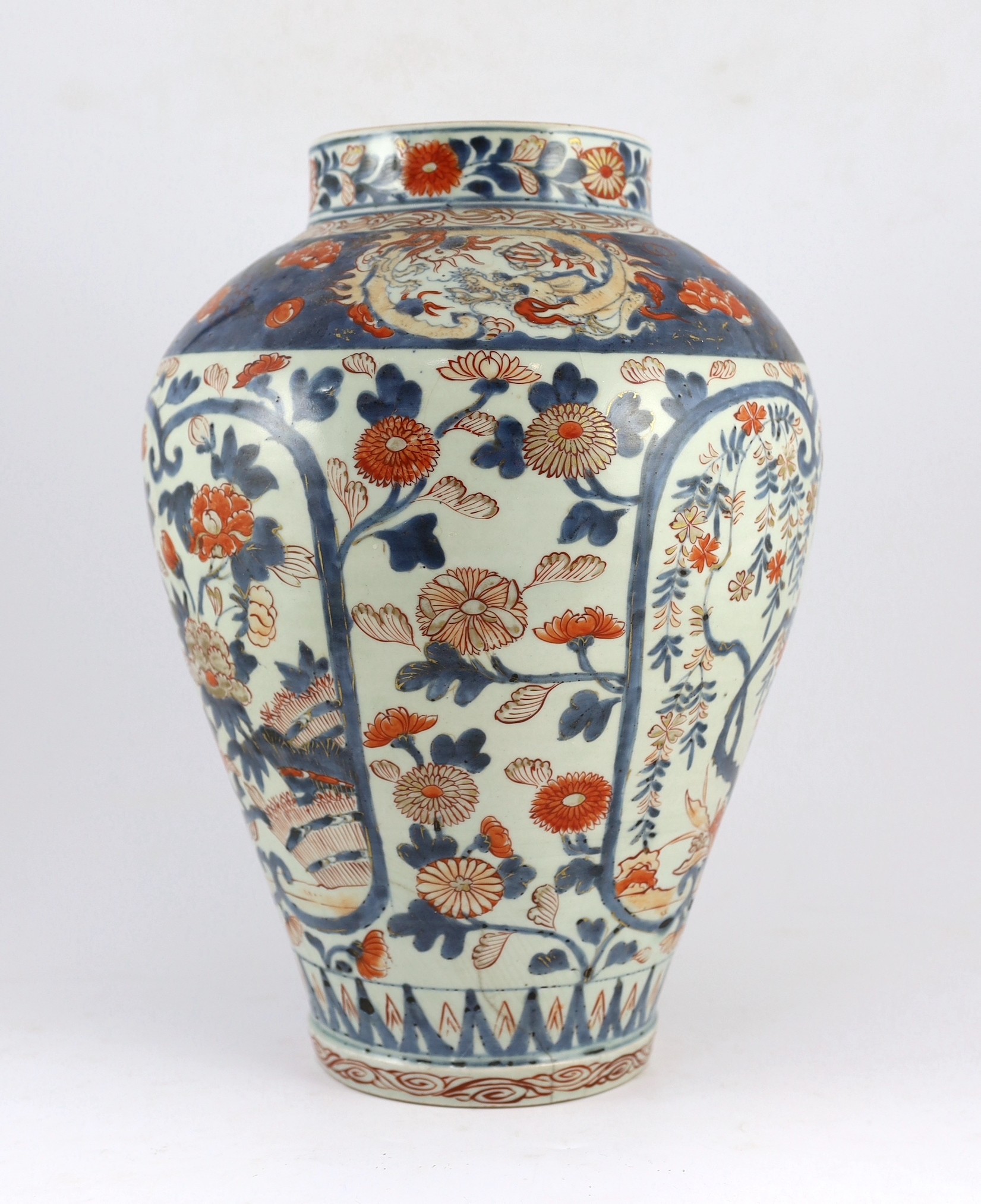 A large Japanese Arita ovoid vase, 18th century, 43.5cm high, cracks